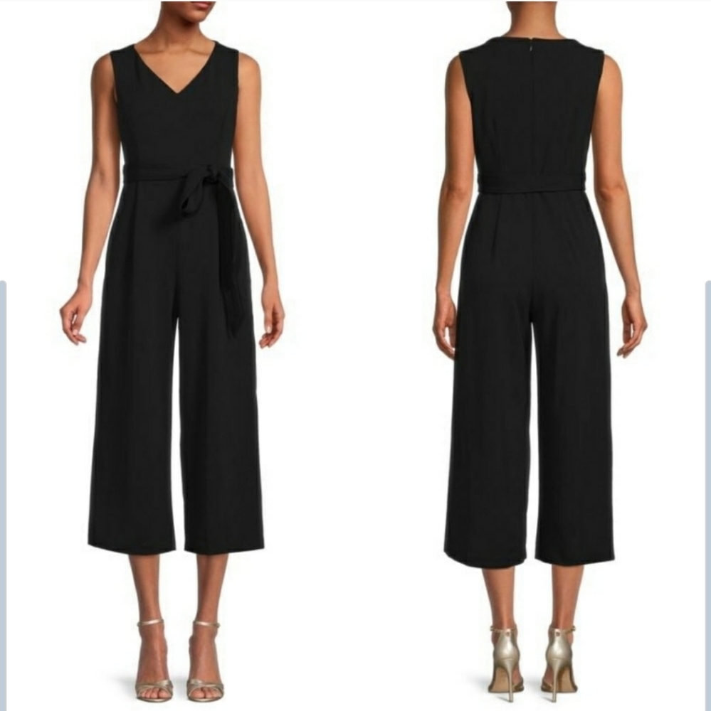 Calvin Klein Sleeveless Culotte Jumpsuit Wide Leg Tie Waist Size 12 Black Work